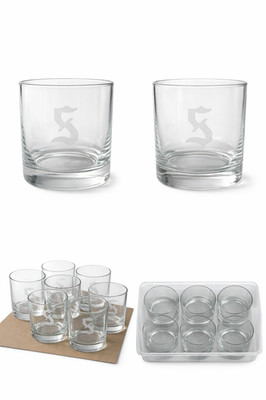Set of 6 Etched Old Fashioned Glasses with Gothic  S  Monogram