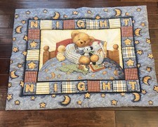 Vintage Blue Jean Teddy Bear Patchwork Baby Quilt Crib Blanket Blue 90s Y2K