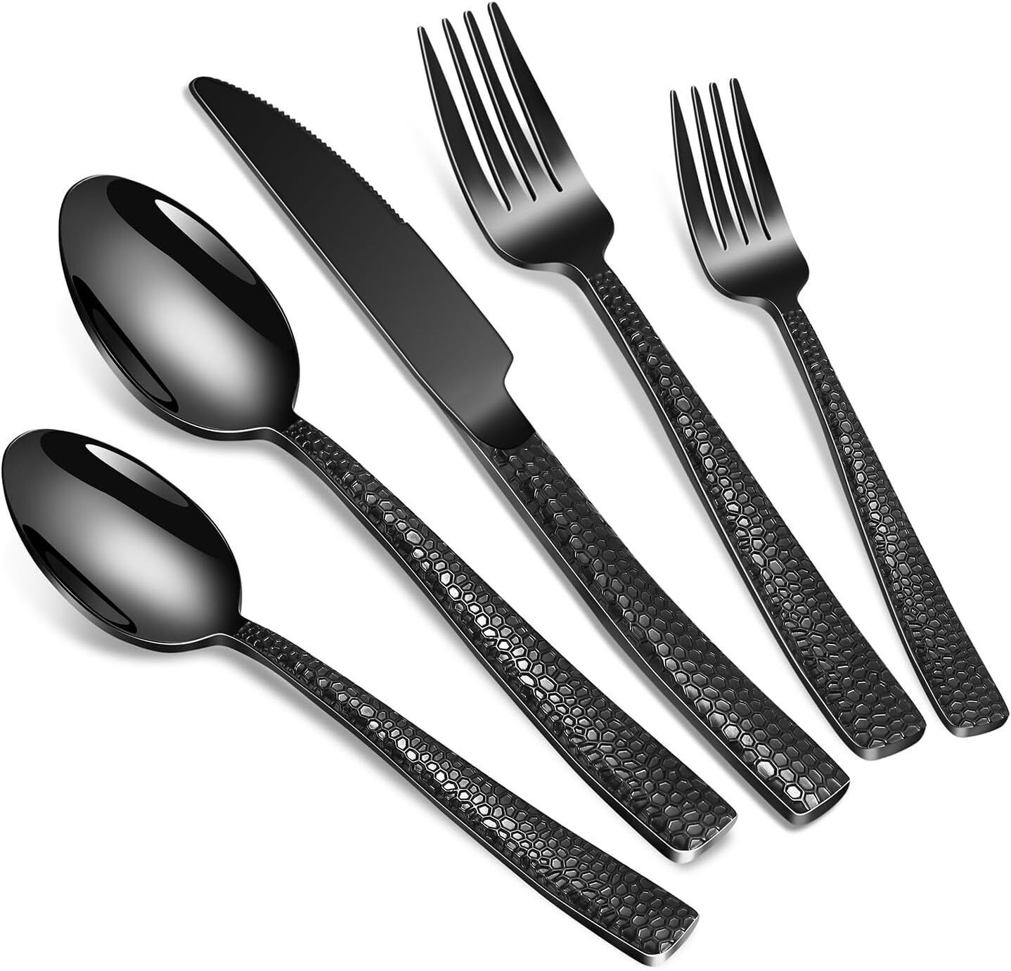 20-Piece Silverware Set, Black Hammered Stainless Steel Flatware Sets for 4