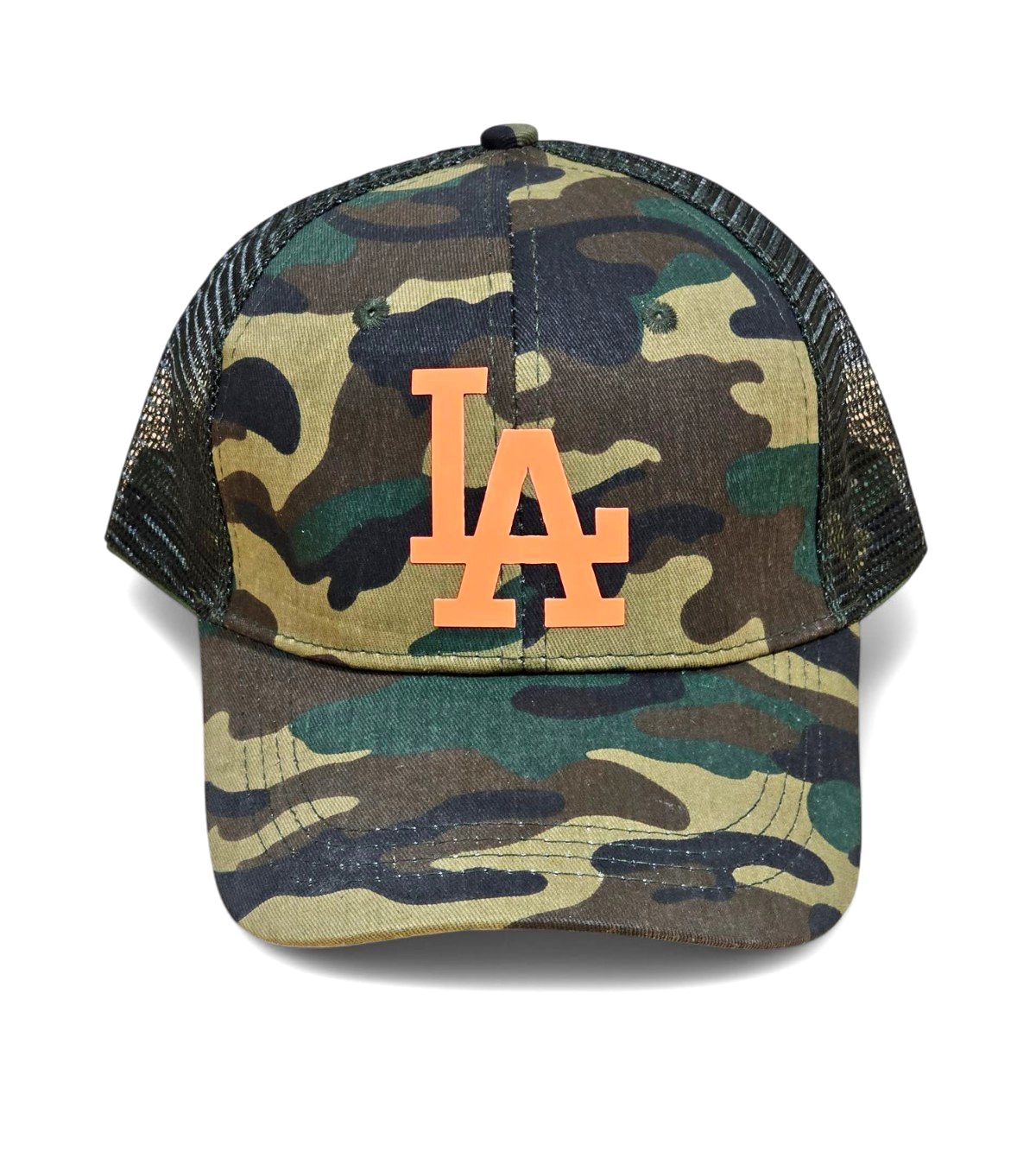 PONY CAPPELLO CAMIONISTA CODA DI CAVALLO MIMETICO VERDE CACCIA CON ARANCIONE FLOREALE "LA" OSFM NUOVO