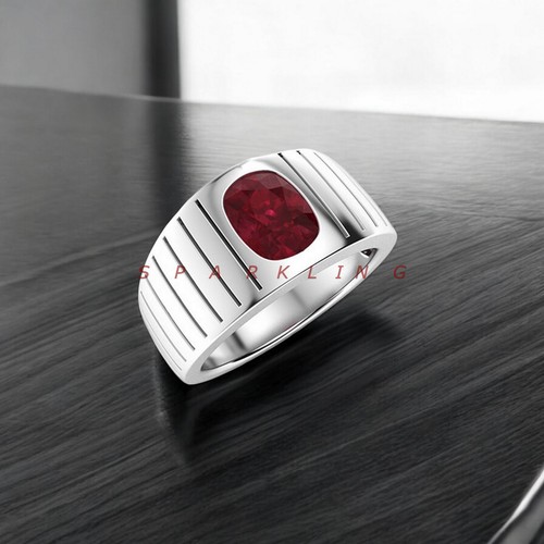 Ruby Cushion Cut Gemstone With 925 Sterling Silver Ring For Men's #E42 - Picture 7 of 8