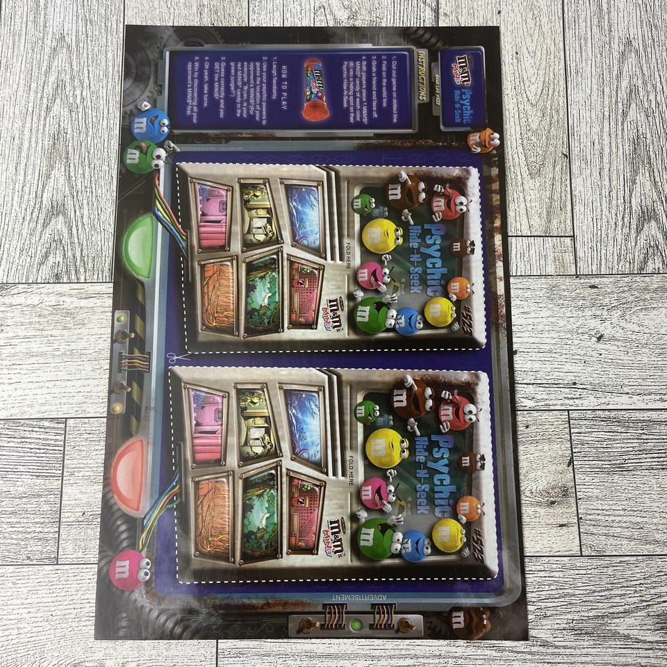 M&M Minis Candy Print Ad Game Poster Authentic Promo Art Psychic Hide N