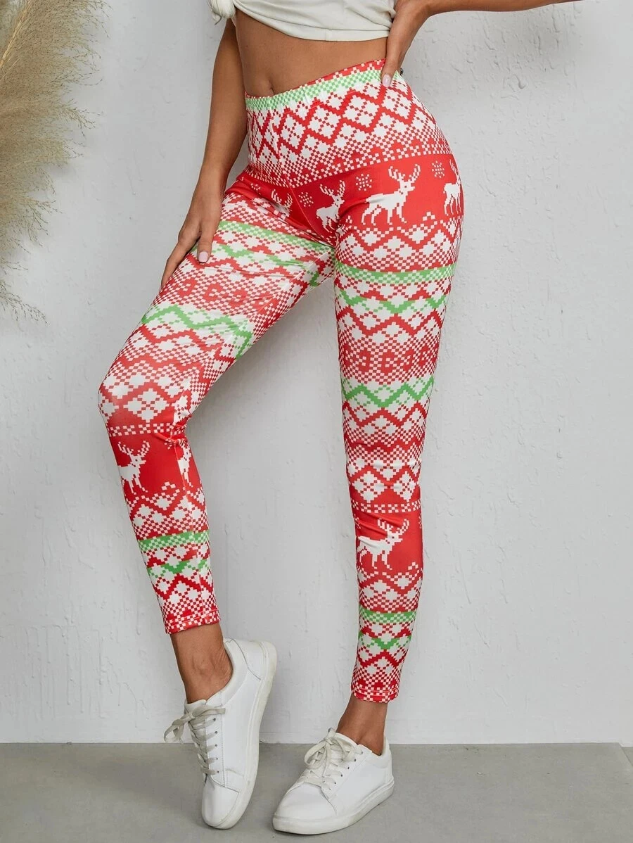 SHEIN Holiday Christmas Reindeer Fair Isle Geo Print Legging Pant Red 8 10  Large