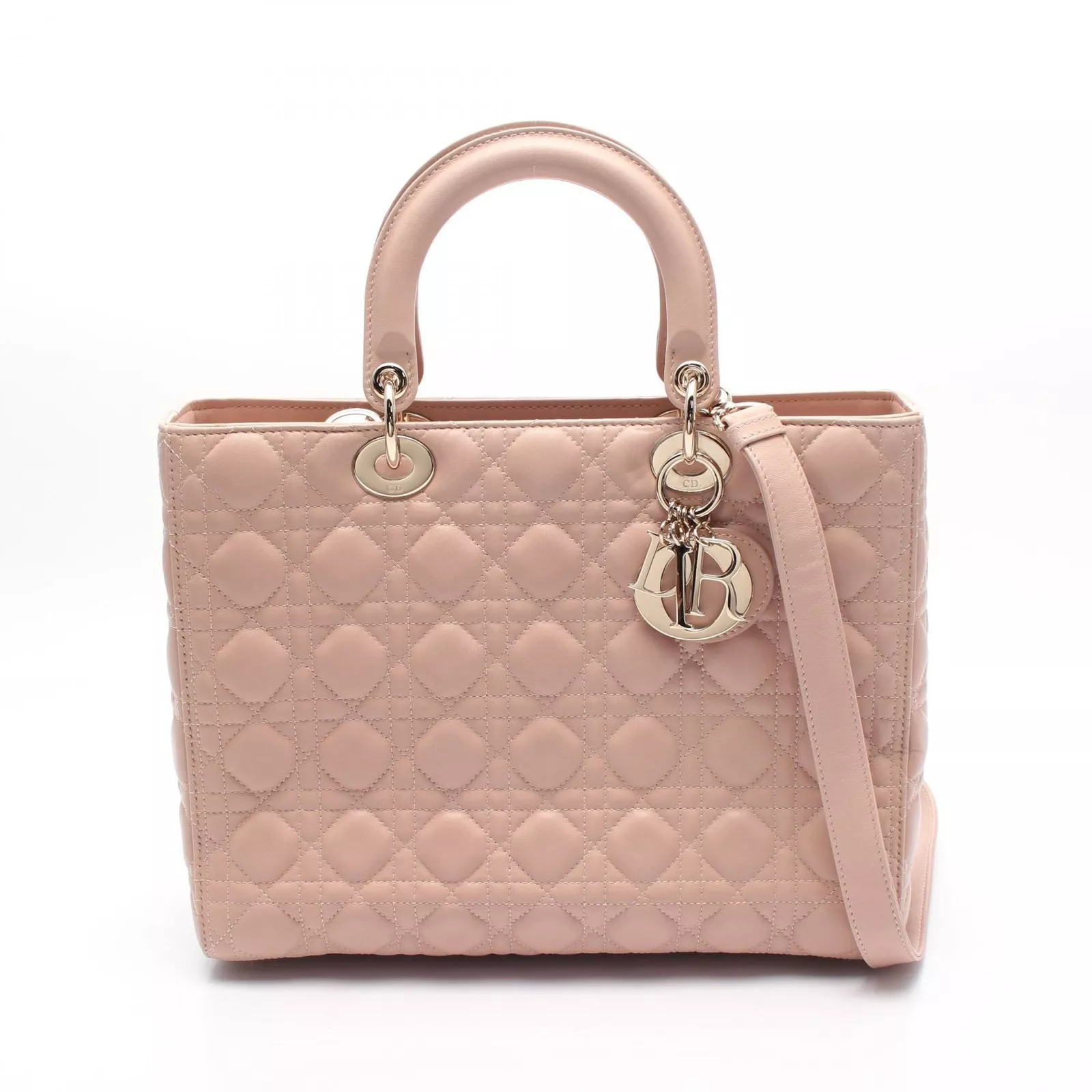 Grand sac fourre tout Christian Dior Lady Dior bandoulière main cannage cuir rose occasion