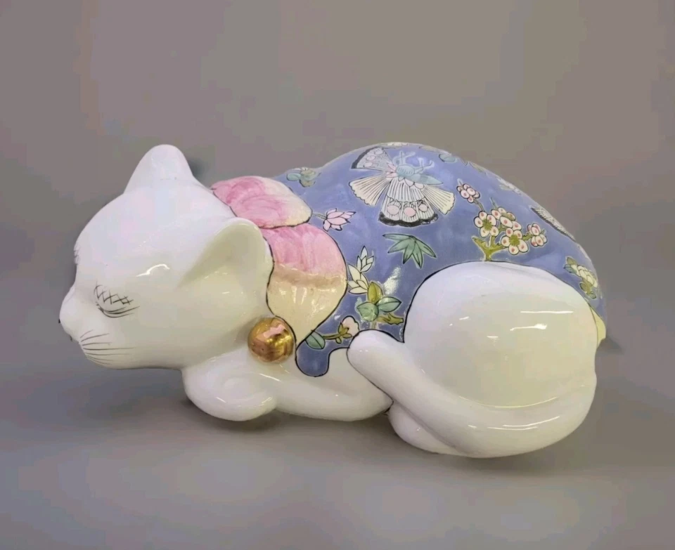 Gato durmiente chino grande vintage de porcelana pintado a mano Foto 2 de 4