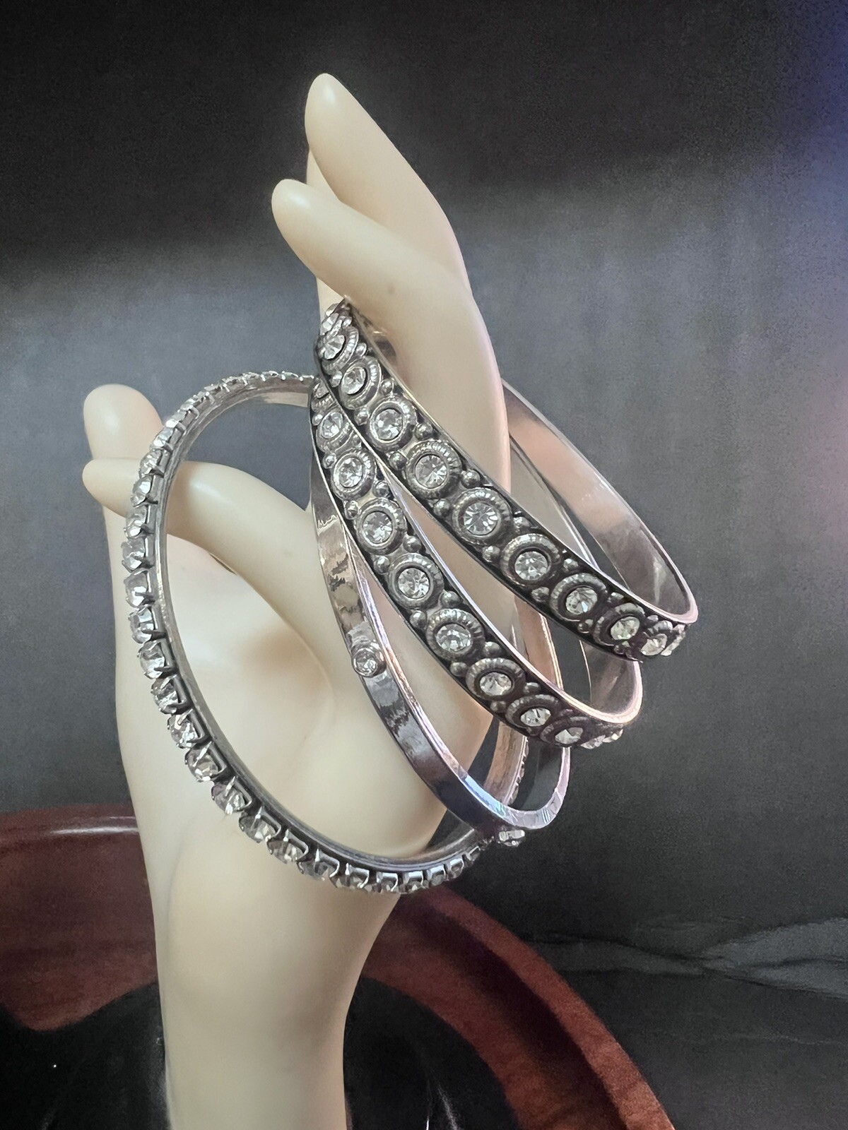 Bangle Bracelets Stackable Silvertone Rhinestones - image 8