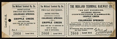 1919 MIDLAND TERMINAL Railway CRIPPLE CREEK to COLORADO SPRINGS Ticket
