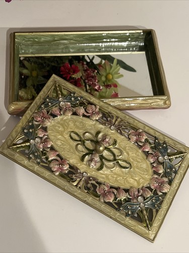 Vintage Metal Jewelry Box Dragonflies / Iris/Rhinestones RARE - Picture 5 of 15
