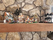 Classic Scary Halloween Lighted Houses Porcelain Set of 5, with Accessories