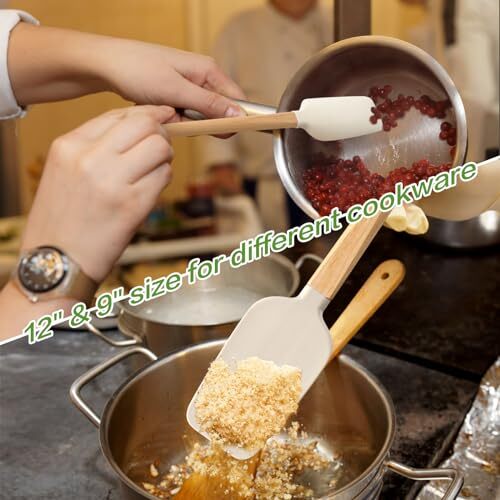 Wooden Long Handle Jar Spatulas, 12" & 9" Rubber Spatula Scraper Silicone - Picture 3 of 5