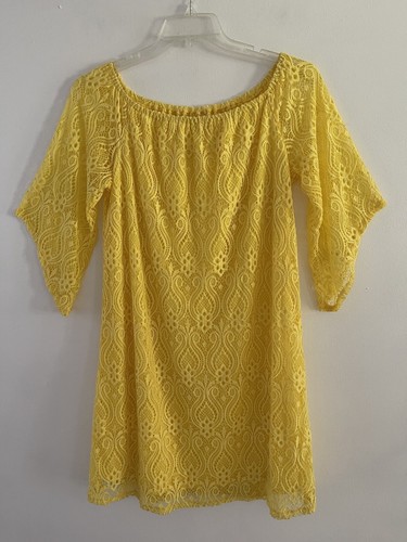 Tacera Women’s Yellow Bell Sleeves Stretch Lace Overlay Dress Lined Size Medium