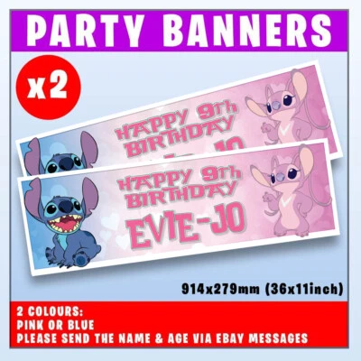 2 PERSONALISED LILO STITCH ANGEL BIRTHDAY BANNERS BANNER ANY NAME AGE 3ft x 11"