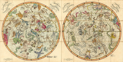 1820 Celestial Maps Both Hemispheres Constellations Wall Poster Art Astronomy