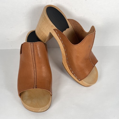 Swedish Hasbeens Shoes Womens Size 37 Leather Wooden Heels Slip On Clogs Mules - Picture 2 of 10