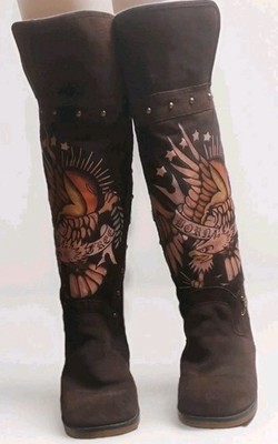 Vintage Y2K Ed Hardy Over The Knee Suede Eagle Tattoo Born Free Boots Size 8