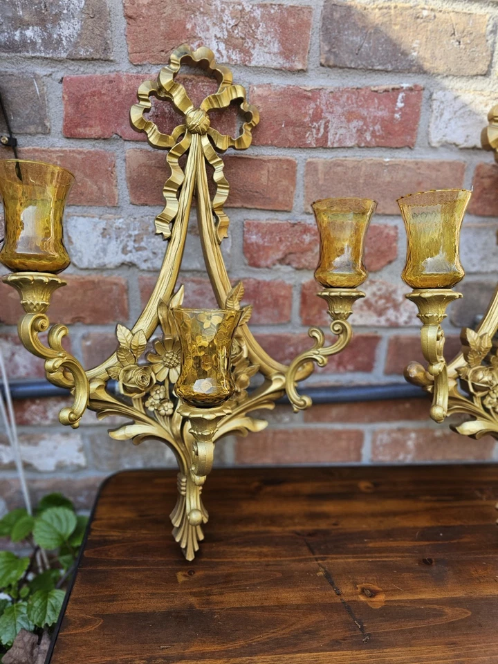 "2 apliques de pared grandes Hollywood Regency Syroco de 3 brazos 26"" x 16"" y 6 votivos" Foto 4 de 4