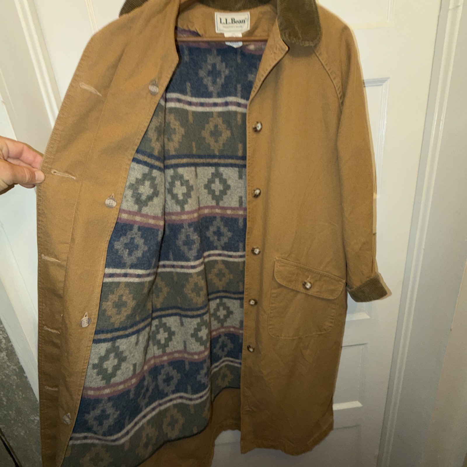 Vtg LL Bean Aztec Trench Coat USA WOOL Blanket Lined Women's Medium Petite image 2