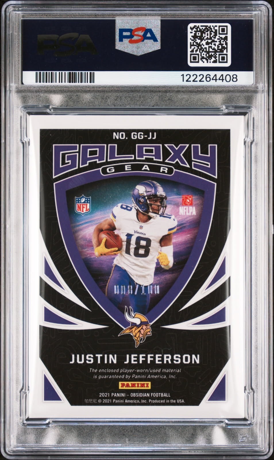 2021 Obsidian Justin Jefferson Galaxy Gear #GGJ J 08/100 GAME WORN PSA 9 view 2