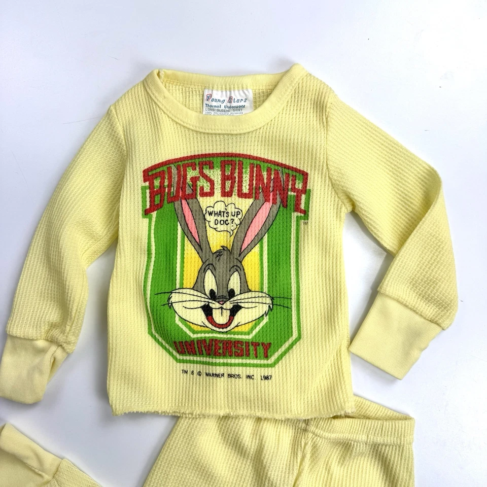 Conjunto de pijama térmico amarillo vintage años 80 Warner Bros Bugs Bunny talla 12M retro Foto 2 de 4