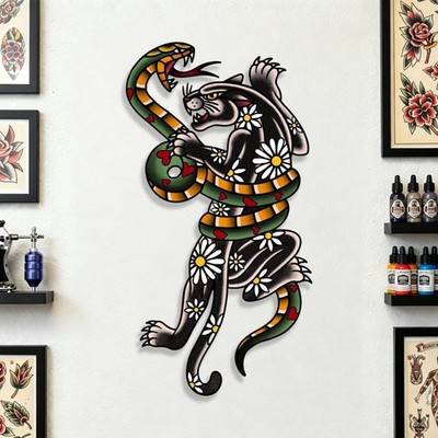 Traditional Tattoo Panther & Snake Metal Wall Art