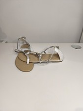 Silver And White Strappy Flat Sandals Size 6
