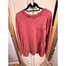 Zenana Acid Wash Sweatshirt Rose Red Oversized Pocket Pullover Top sm
