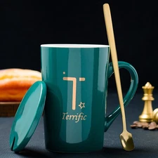 Creative ceramic mug with lid spoon milk coffee tea cup (support customization)