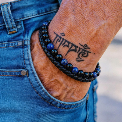 Natural Obsidian Lapis Lazuli Beaded Leather Bracelet Men Magnetic Clasp Gift 8''