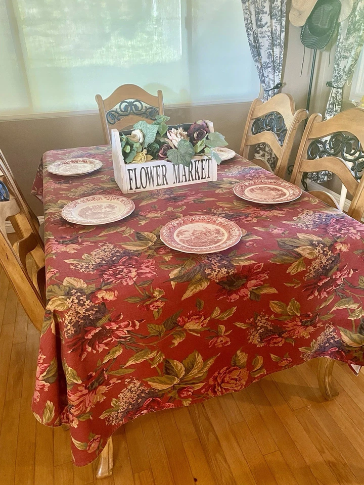 Vintage Croscill Serena Fabric Floral TABLECLOTH  Rectangle 64” X 94” Red Wine - Image 2 of 4