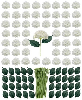 Artificial White Hydrangea Flowers with Leaves, 50 Pack, 6 Inch Silk Flower H...