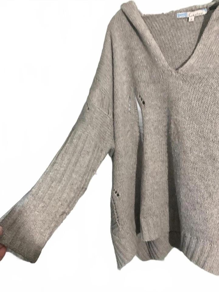 Suéter Cecico desgastado gris de gran tamaño tejido con cuello en V y capucha hasta 2X Foto 3 de 4