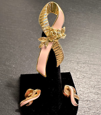 THREE AVON BREAST CANCER AWARENESS PINK RIBBONS: 1 LARGE WITH ROSE, 2 SMALL D93