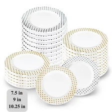 Disposable Plastic Plates Heavy Duty Dinner Plates with Gold/Silver Rim BPA Free