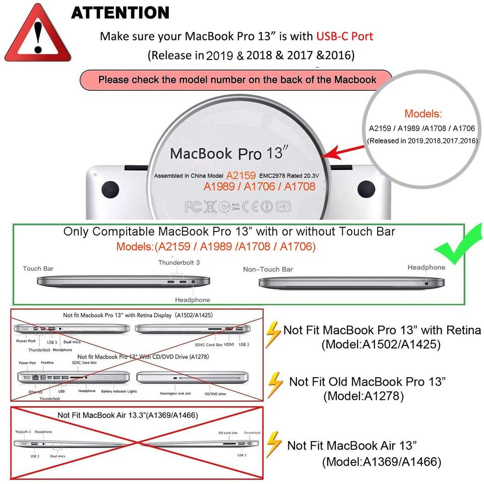 2019 Macbook Pro 13 with/out Touch Bar A2159 A1708 A1706 A1989 Hard Cover Case - Image 4 of 4