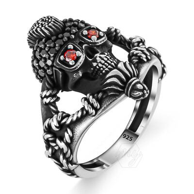 Solid 925 Sterling Silver Men's Ring With Black Skull And Micro Stones - Size 9
