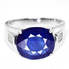 925 STERLING SILVER NATURAL BLUE SAPPHIRE OV 13x10 MM.  WHITE CZ RING SIZE 9.5