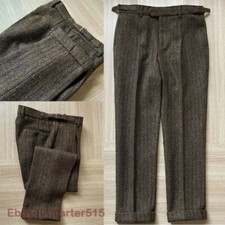 Mens British Style Herringbone Wool Tweed Pants Naples Pleated Trousers Retro
