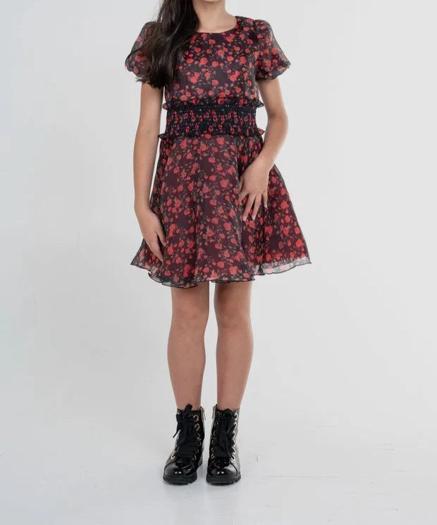 186 Zoe Ltd Kids Girl s Red Floral Smocked Round Neck A Line Dress Size 16