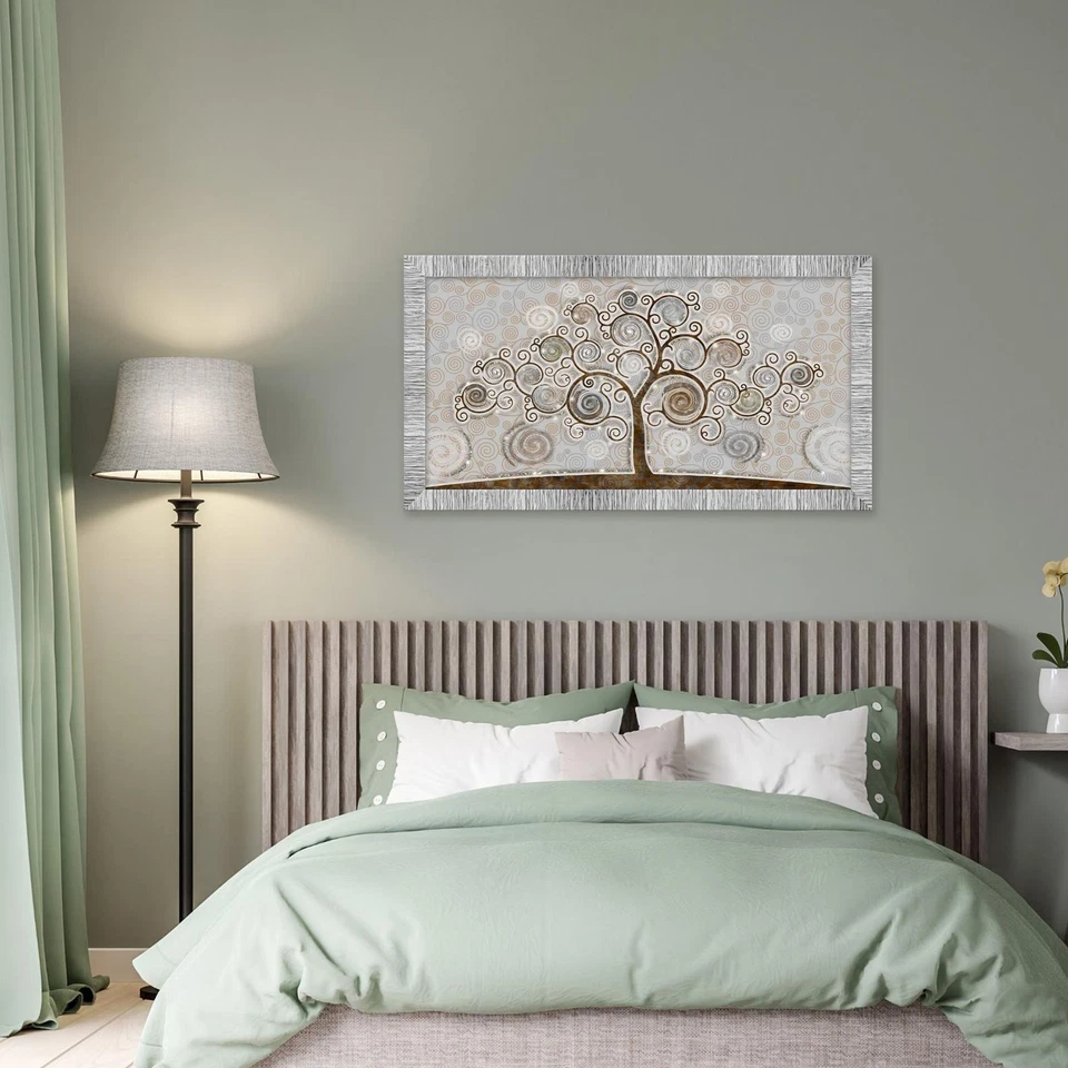 Quadro Moderno cornice Bianca Argento TREE 60x110 cm Glitter Albero della Vita - Immagine 2 di 4