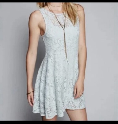 Free People Miles Of Lace Aqua Blue Sheer Mini Skater Dress S | eBay