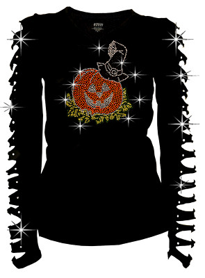 Bling Bling Halloween Rhinestone T-Shirt Pumpkin Witch Ripped Cut Out S~4XL Long
