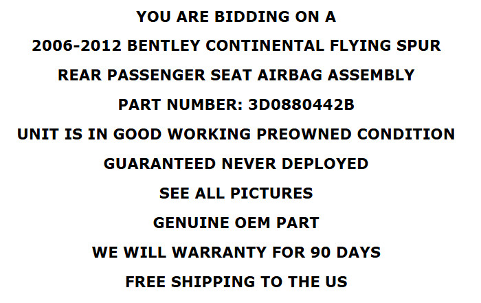 2006-2012 Bentley Flying Spur Rear Right Seat Airbag Assembly W/Warranty