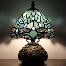 Small Tiffany Lamp Mini Stained Glass Table Lamp Sea Blue Dragonfly Style Mus...