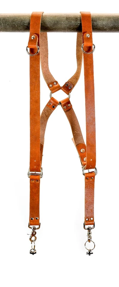 Leather Dual Camera Harness Tan Saddle Ring Back Alternative Streetwear Style - Image 2 of 2