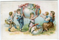 Glanzbilder Karte Litho Ostern Kinder Eier - Blumen 10,3 cm