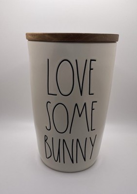 Rae Dunn Love Some Bunny Cellar Canister Ceramic Wooden Lid With Carved Egg 