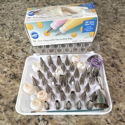 Vtg Wilton Cake Decorating Tip Set w/ Organizer, Adapter open box of 12 in Bags