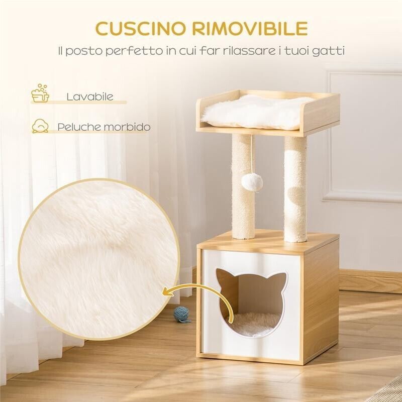 Casetta per gatti con tiragraffi in sisal, cuscini lavabili, 35x35x81cm, quercia foto 5