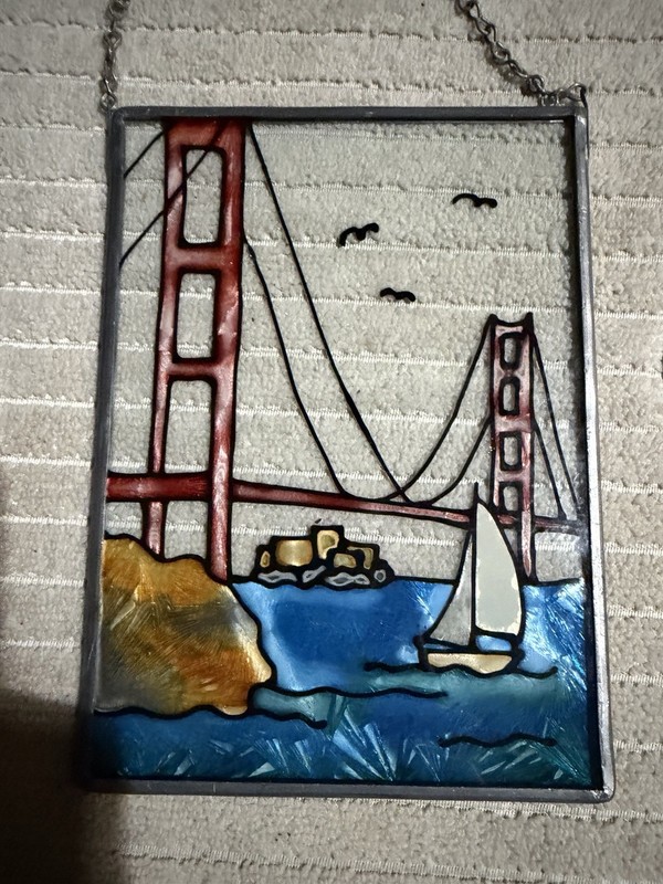 Stained Glass Depiction Of Golden Gate Bridge W/ Sail Boat & Birds San Francisco
