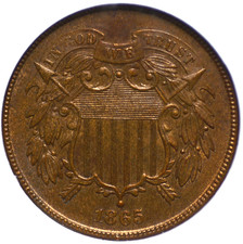 1865 TWO CENT PIECE NGC MS 64 BN SMOOTH AND FULLY STRUCK, GLOSSY LIGHT WALNUT